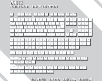White Backlit Spanish Keycaps - ISO-ES QWERTY Layout - Windows & Mac Symbols - Abs Material - Suitable for 60/65/75/80/96/100% Keyboards