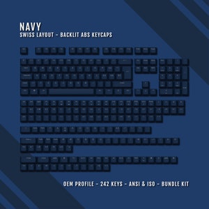 Teclas suizas retroiluminadas azul marino - Disposición QWERTZ ISO-CH - Símbolos de Windows y Mac - Material ABS - Apto para teclados 60/65/75/80/96/100%