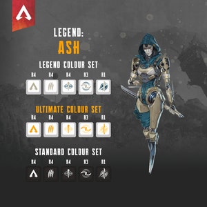 以下が含まれることがあります： Apex Legendsのキャラクター、アッシュのデジタルイラスト。画像は、アッシュのレジェンド、アルティメット、標準スキン用の異なるカラーセットを示しています。カラーセットは、各カラーサンプルの上にカラーレベル（R4、R3、R1）が表示されたグリッドに表示されます。