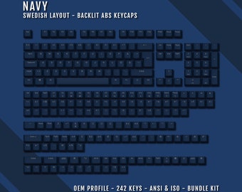 Teclas suecas retroiluminadas de color azul marino - Diseño QWERTY ISO-SE - Símbolos de Windows y Mac - Material ABS - Adecuadas para teclados 60/65/75/80/96/100 %