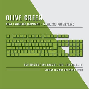 Könnte beinhalten: Olivengrüne Tastaturkappen mit deutschen Sprachzeichen. Die Tastenkappen sind halb bedruckt und halb beleuchtet. Die Tastenkappen sind aus PBT-Kunststoff und entsprechen dem ISO-Standard. Die Tastenkappen sind für eine 105-Tasten-Tastatur.