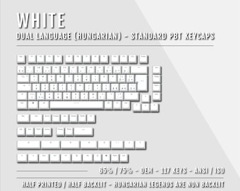 White Hungarian Keycaps: Dual Language Double Shot PBT - 65/75% ANSI/ISO