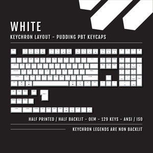 May include: White Keychron keyboard with pudding PBT keycaps. The keyboard has a full layout with 129 keys and is ANSI/ISO compatible. The keycaps are half printed and half backlit, with the legends not backlit. The keyboard is labeled as "KEYCHRON LAYOUT - PUDDING PBT KEYCAPS".