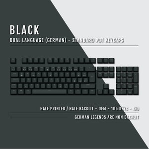 Könnte beinhalten: Schwarze Tastaturkappen mit deutscher und englischer Beschriftung. Die Tastenkappen sind halb bedruckt und halb beleuchtet. Die Tastenkappen bestehen aus PBT-Kunststoff und sind ISO-Standard. Die Tastenkappen sind für eine 105-Tasten-Tastatur.