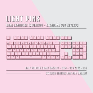 May include: A light pink keyboard with a dual language (Swedish) layout. The keyboard has a standard PBT keycap design and is half printed and half backlit. The Swedish legends are not backlit. The keyboard has 105 keys and is ISO.