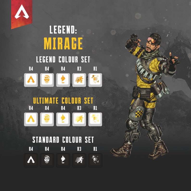 May include: A digital illustration of Mirage, a character from the video game Apex Legends. The image shows Mirage's character design, including his yellow and black outfit, and a set of color options for his character. The text "LEGEND: MIRAGE" is at the top of the image.