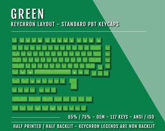 Può includere: Tastiera verde per un layout da 65% o 75%. I tasti sono in plastica PBT e hanno un layout standard ANSI/ISO. I tasti sono stampati a metà e retroilluminati a metà, con le leggende non retroilluminate.