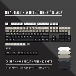 May include: A keyboard with a white, grey, and black gradient color scheme. The keyboard is labeled "CHERRY - NON BACKLIT - ANSI - 124 KEYS" and "FOR SIZES: 60% / 65% / 75% / 80% TKL / 96% / 100%". The image also includes a color palette of white, light grey, dark grey, and black.