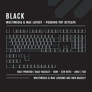 May include: Black keyboard keycaps with a pudding design. The keycaps are half printed and half backlit. The keycaps are for a 129-key ANSI or ISO layout keyboard. The keycaps include multimedia and Mac legends, which are not backlit.