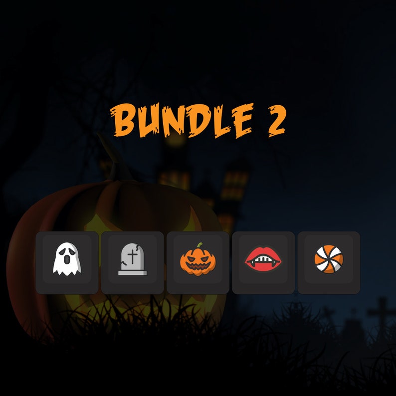 May include: A set of five Halloween-themed digital clipart images. The images include a ghost, a tombstone, a jack-o-lantern, a vampire mouth, and a candy corn. The images are in a dark gray square with a white outline.