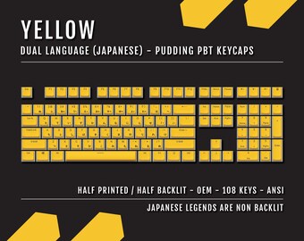 May include: Yellow pudding PBT keycaps with dual language (Japanese) legends. The keycaps are half printed and half backlit. The Japanese legends are not backlit. The keycaps are for a 108-key ANSI keyboard.
