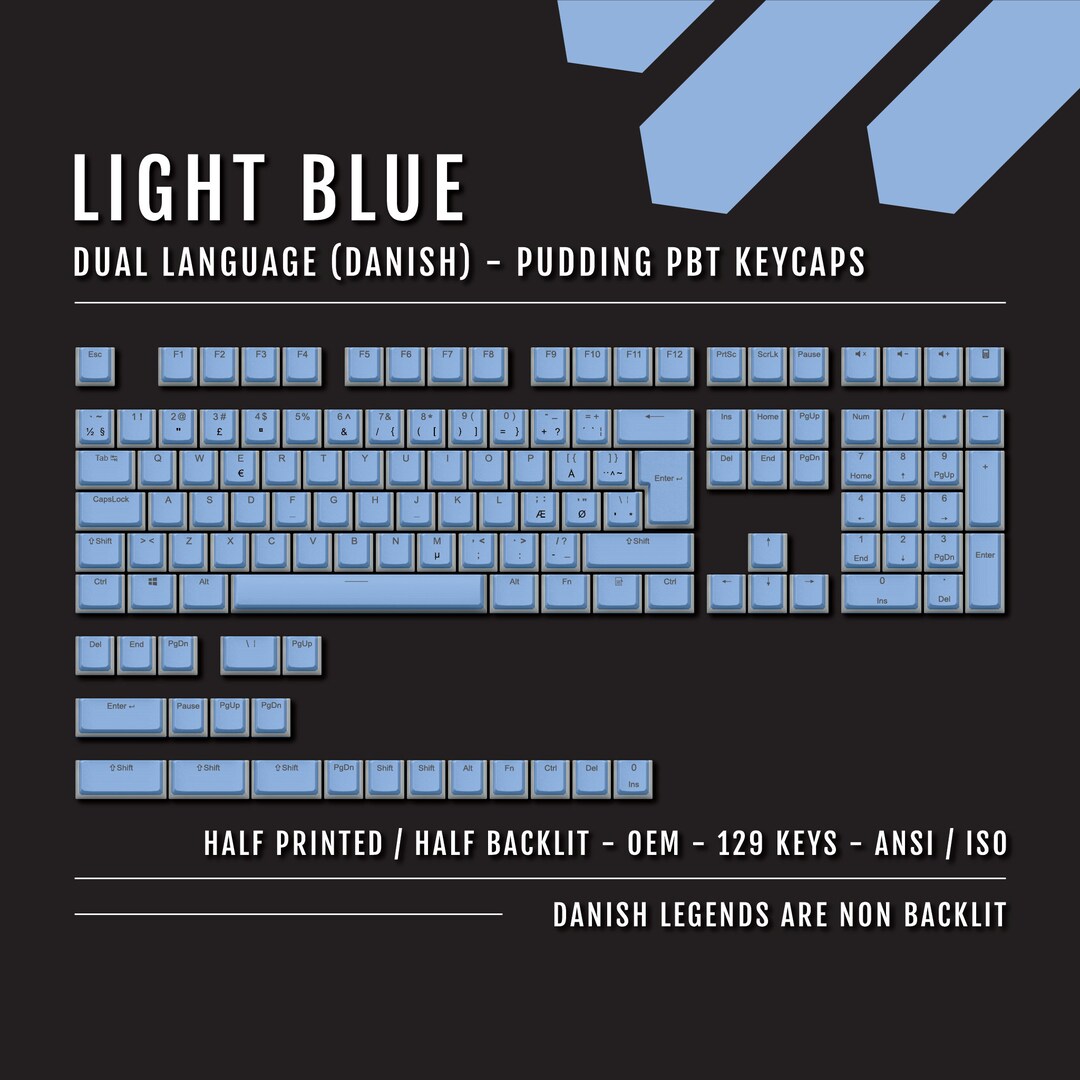 Light Blue Danish Pudding Keycaps - ISO-DK - 129% Size - Dual Language ...
