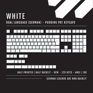Teclas de White German Pudding - ISO-DE - Tamaño del 129 % - Teclas en dos idiomas - PBT de doble inyección - ANSI/Iso - Teclas Shift de 2,75 U y 1,75 U