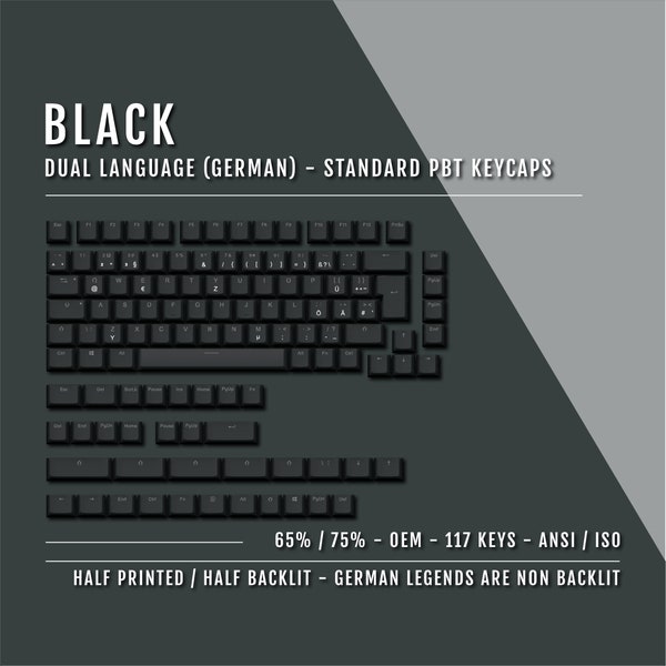 Black German Keycaps - ISO-DE - 65/75% Sizes - Dual Language Keycaps - Double Shot PBT - Ansi & Iso Available - 1.75U Shift Keycaps