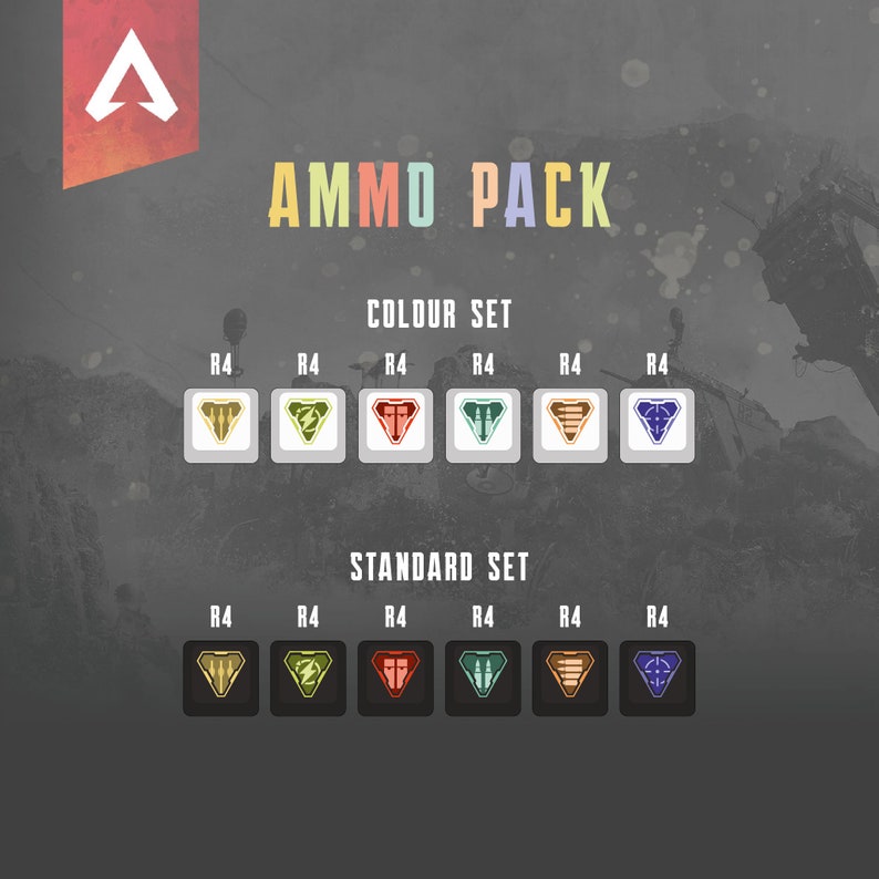 Peut inclure: Un graphique montrant deux ensembles d'ic&ocirc;nes pour un objet de jeu Apex Legends appel&eacute; "Ammo Pack". Le premier ensemble est intitul&eacute; "Colour Set" et pr&eacute;sente six ic&ocirc;nes de diff&eacute;rentes couleurs. Le deuxi&egrave;me ensemble est intitul&eacute; "Standard Set" et pr&eacute;sente six ic&ocirc;nes de diff&eacute;rentes couleurs.