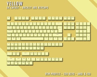 Yellow Backlit UK Keycaps: ABS OEM Profile - 158 Keys