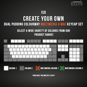 May include: A keyboard with white keycaps and a black frame. The keyboard has a dual pudding colorway with two different colors for the keycaps. The keyboard also has a multimedia and Mac keycap set. The text on the image reads "ISO CREATE YOUR OWN DUAL PUDDING COLOURWAY MULTIMEDIA & MAC KEYCAP SET SELECT A WIDE VARIETY OF COLOURS FROM OUR PRODUCT RANGE!"