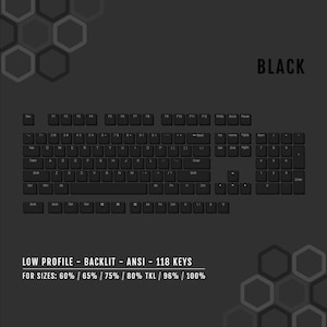 Black - Low Profile - Windows & Mac Backlit PBT ANSI Keycaps - For Sizes: 60/65/75/80/96/100%