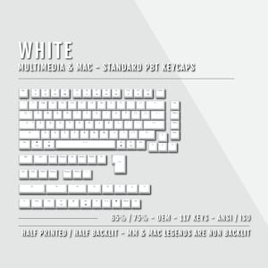 White Mac Multimedia Keycaps: Double Shot PBT, 65/75% ANSI/ISO