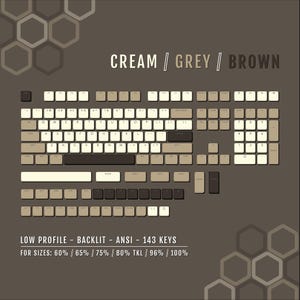 Cream/Grey/Brown - Low Profile - ANSI - Backlit PBT Keycaps - For Sizes: 60/65/75/80/96/100%