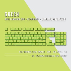 Könnte beinhalten: Grüne Tastaturkappen mit einem zweisprachigen Layout für UK und Keychron. Die Tastenkappen bestehen aus PBT-Kunststoff und haben ein halbbedrucktes, halb beleuchtetes Design. Die Tastenkappen sind ISO-Standard und werden in einem Satz mit 105 Tasten geliefert.