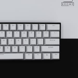 May include: A white mechanical keyboard with black keys and a black frame. The keys have white lettering and symbols. The keyboard has a row of function keys, a row of number keys, and a row of letter keys. The keyboard also has a space bar, an enter key, a shift key, a control key, an alt key, and a function key.