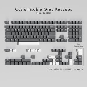 May include: A collection of grey keyboard keycaps, labelled "Customisable Grey Keycaps" and "Non Backlit". The keycaps are displayed to show the layout, including ISO conversion keys. The set includes 161 keys.