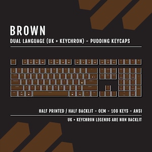 May include: Brown dual-language (UK + Keychron) pudding keycaps. The keyboard has 108 keys and is half-printed and half-backlit. The text "BROWN" is at the top, and other text is also visible.