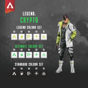 Puede incluir: Una ilustración digital del personaje Crypto de Apex Legends. La imagen muestra el modelo de personaje de Crypto, junto con una tabla de colores para sus conjuntos de colores de leyenda, definitiva y estándar. La tabla de colores muestra las diferentes opciones de colores para la bandera, el personaje y la táctica de Crypto.