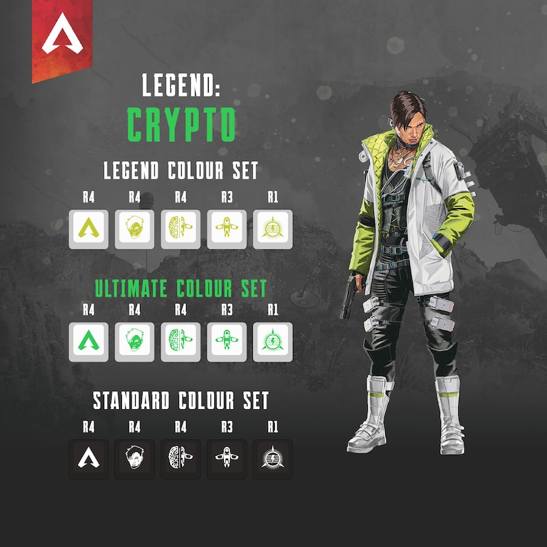 Pode incluir: Uma ilustra&ccedil;&atilde;o digital do personagem Crypto de Apex Legends. A imagem mostra o modelo de personagem do Crypto, juntamente com uma tabela de cores para seus conjuntos de cores de lenda, definitiva e padr&atilde;o. A tabela de cores mostra as diferentes op&ccedil;&otilde;es de cores para a bandeira, o personagem e a t&aacute;tica do Crypto.