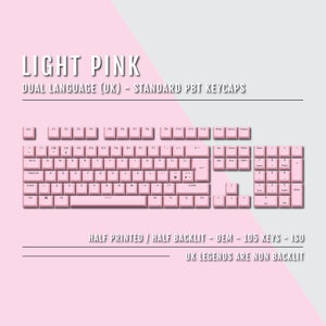 Könnte beinhalten: Hellrosa Tastaturkappen mit einem zweisprachigen (UK) Layout. Die Tastenkappen sind aus PBT-Kunststoff und halb bedruckt mit halb beleuchtet. Die Tastenkappen sind ISO-Standard und werden in einem Satz von 105 Tasten geliefert. Die UK-Legenden sind nicht beleuchtet.