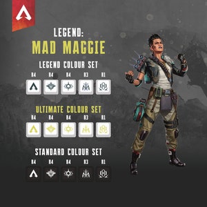 Pu&ograve; includere: Un'illustrazione digitale di Mad Maggie, un personaggio del videogioco Apex Legends. Il personaggio &egrave; una donna con i capelli corti e scuri e un'espressione determinata. Indossa un abito verde e marrone con uno zaino e un'arma. L'immagine include anche un grafico che mostra i diversi set di colori per l'aspetto del personaggio nel gioco.