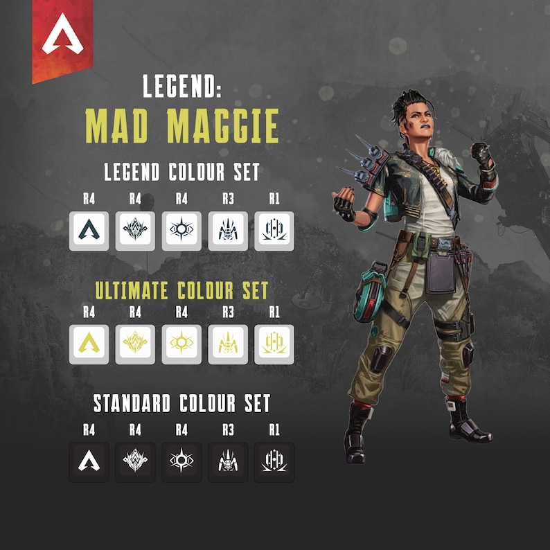 Pu&ograve; includere: Un'illustrazione digitale di Mad Maggie, un personaggio del videogioco Apex Legends. Il personaggio &egrave; una donna con i capelli corti e scuri e un'espressione determinata. Indossa un abito verde e marrone con uno zaino e un'arma. L'immagine include anche un grafico che mostra i diversi set di colori per l'aspetto del personaggio nel gioco.