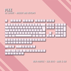 May include: A set of 158 pink keyboard keycaps in the OEM profile. The keycaps are labeled with the standard UK layout and include backlighting. The keycaps are compatible with both ANSI and ISO keyboards.