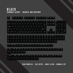 Teclas alemanas retroiluminadas en negro - Diseño QWERTZ ISO-DE - Símbolos de Windows y Mac - Material ABS - Adecuadas para teclados 60/65/75/80/96/100%