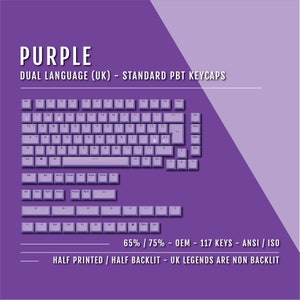Könnte beinhalten: Lilafarbene PBT-Tastenkappen für ein 65% oder 75% Tastaturlayout. Die Tastenkappen sind zweisprachig (UK) und haben halbbedruckte Legenden mit halb beleuchteten Legenden. Die UK-Legenden sind nicht beleuchtet. Die Tastenkappen sind ANSI/ISO-kompatibel und umfassen 117 Tasten.