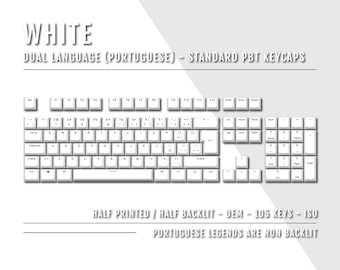 White Portuguese Keycaps - ISO-PT - Dual Language Keycaps - Double Shot PBT - Ansi & Iso Available - For Sizes 100/80 Tkl/60%