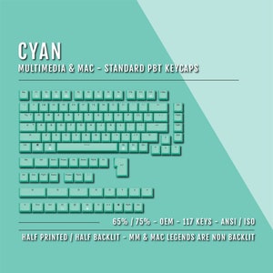 May include: Cyan colored PBT keycaps for 65% or 75% keyboards. The keycaps are half printed and half backlit. The keycaps are compatible with both ANSI and ISO layouts. The keycaps are for multimedia and Mac keyboards. The keycaps are 117 keys.