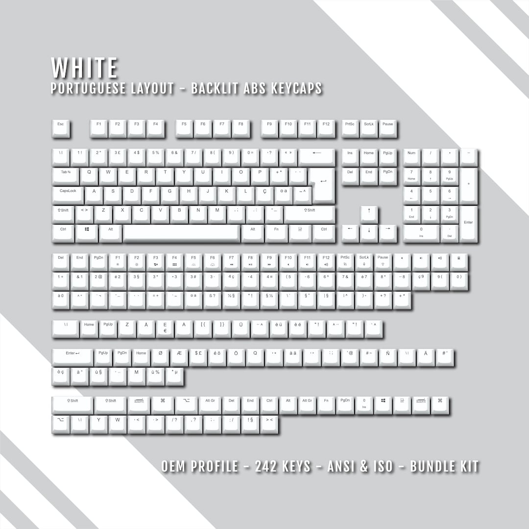 Protugese Layout White Backlit Portuguese Keycaps - ISO-PT QWERTY Layout - Windows & Mac ...