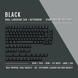 以下が含まれることがあります： 白い文字の黒いキーボードキーキャップ。キーキャップは、65%または75%のキーボードレイアウト用です。キーキャップはPBTプラスチック製で、ダブルショット成形されています。キーキャップはANSIとISOのレイアウトに対応しています。キーキャップは半分印刷され、半分バックライトされています。キーキャップは、英国とKeychronのキーボード用です。キーキャップはバックライトされていません。