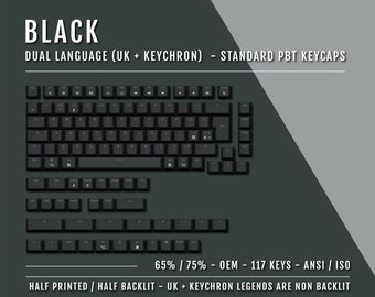 UK Black Keychron Keycaps - 65/75% Sizes - Dual Language Keycaps - Double Shot PBT - Ansi & Iso Available - 1.75U Shift Keycaps