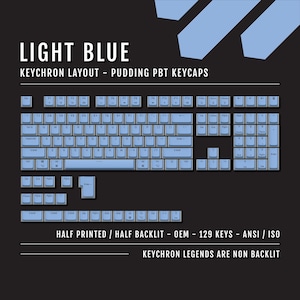 May include: Light blue pudding PBT keycaps for a Keychron keyboard layout. The keycaps are half printed and half backlit. The keycaps are ANSI/ISO and have 129 keys. The keychron legends are non backlit.
