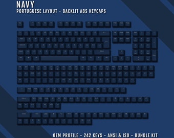 Navy Backlit Portuguese Keycaps - ISO-PT QWERTY Layout - Windows & Mac Symbols - Abs Material - Suitable for 60/65/75/80/96/100% Keyboards