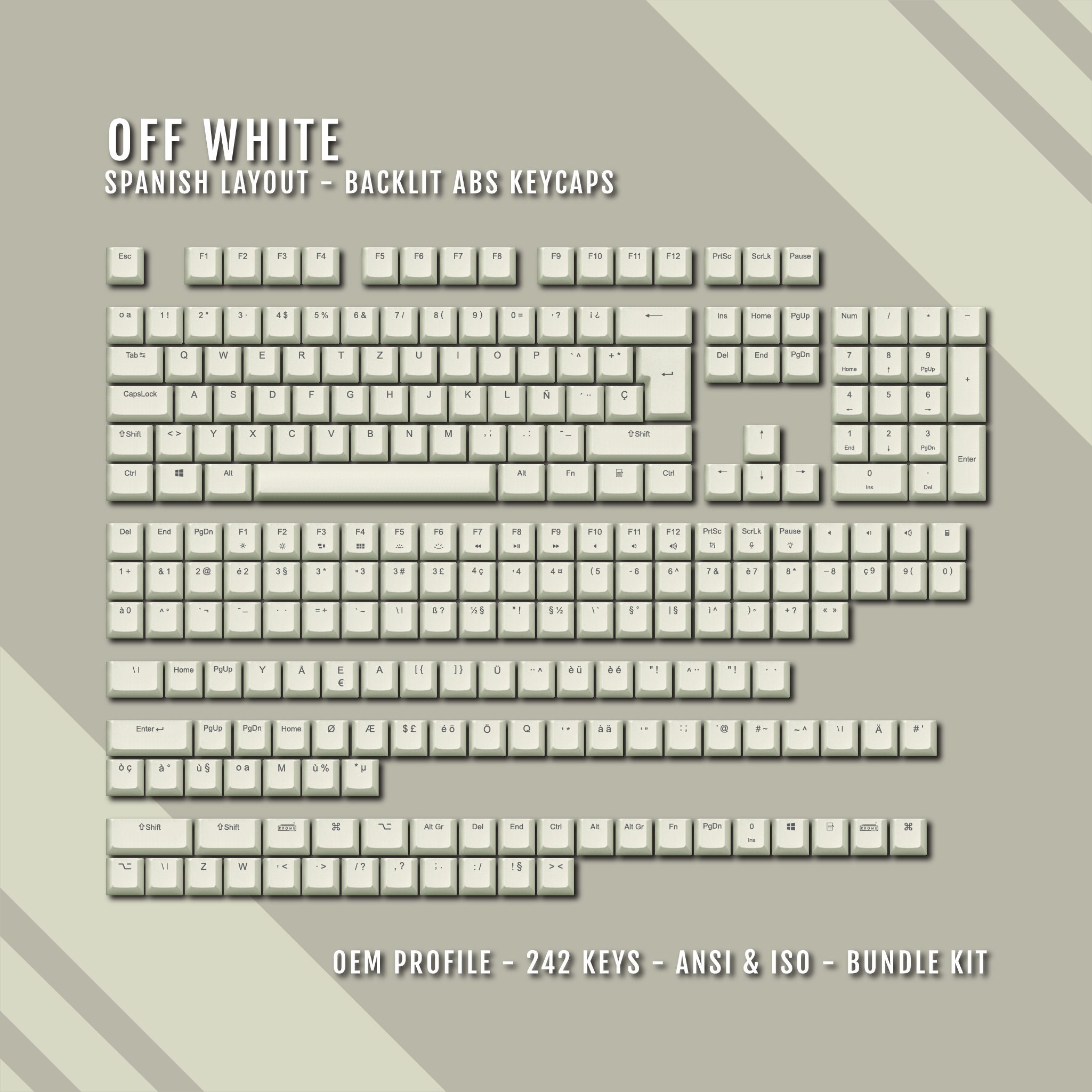 Off White Backlit Spanish Keycaps - ISO-ES QWERTY Layout - Windows & Mac Symbols - Abs Material - For 60/65/75/80/96/100% Keyboards