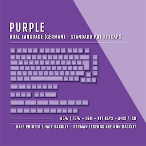 Teclas alemanas moradas - ISO-DE - Tamaños 65/75 % - Teclas en dos idiomas - PBT de doble inyección - Disponibles en ANSI e ISO - Teclas Shift 1.75U