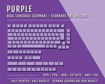 Purple German Keycaps - ISO-DE - 65/75% Sizes - Dual Language Keycaps - Double Shot PBT - Ansi & Iso Available - 1.75U Shift Keycaps