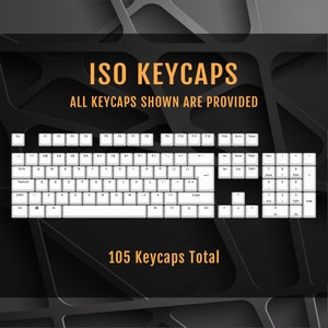 May include: A white keyboard with 105 keycaps, including all the standard keys, function keys, and number pad keys. The keyboard is on a black background with a geometric pattern.