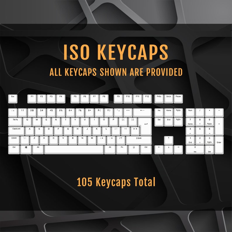 May include: A white keyboard with 105 keycaps, including all the standard keys, function keys, and number pad keys. The keyboard is on a black background with a geometric pattern.