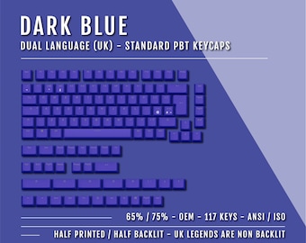 Könnte beinhalten: Dunkelblaue, zweisprachige (UK) Standard-PBT-Tastenkappen. Das Bild zeigt ein komplettes Tastaturlayout und zusätzliche Tastenkappen. Text: 65 % / 75 % - OEM - 117 Tasten - ANSI / ISO. Halb bedruckt und halb hinterleuchtet.