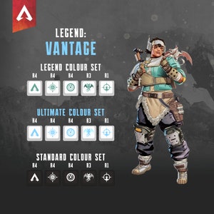 Op de afbeelding: Een personage uit de videogame Apex Legends, Vantage, is te zien in een blauw-groene outfit. Het personage houdt een wapen vast en heeft een vleermuisachtig wezen op zijn schouder. De afbeelding toont ook de verschillende kleursets voor de vaardigheden en de ultieme vaardigheid van het personage.